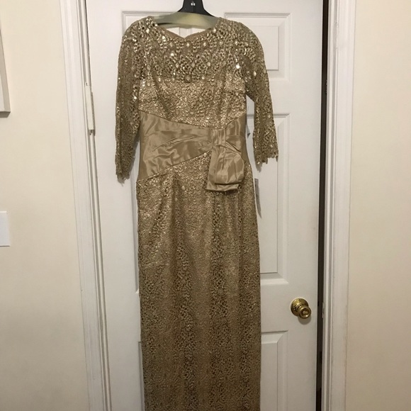Teri Jon Dresses Nwt Full Length Teri Jon Gold Sequin And Lace Gown